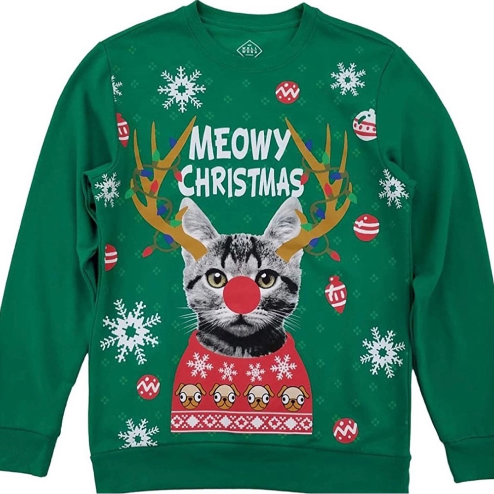 Meowy Christmas Cat Reindeer Green Ugly Sweater